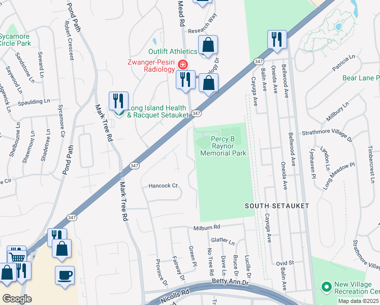 map of restaurants, bars, coffee shops, grocery stores, and more near 5 Betsy Ross Court in Centereach