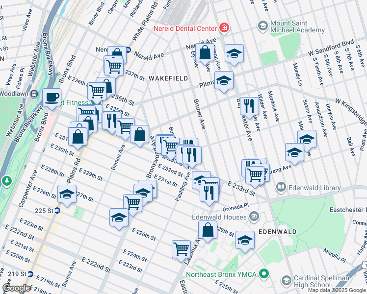 map of restaurants, bars, coffee shops, grocery stores, and more near 1760 Edenwald Avenue in Bronx