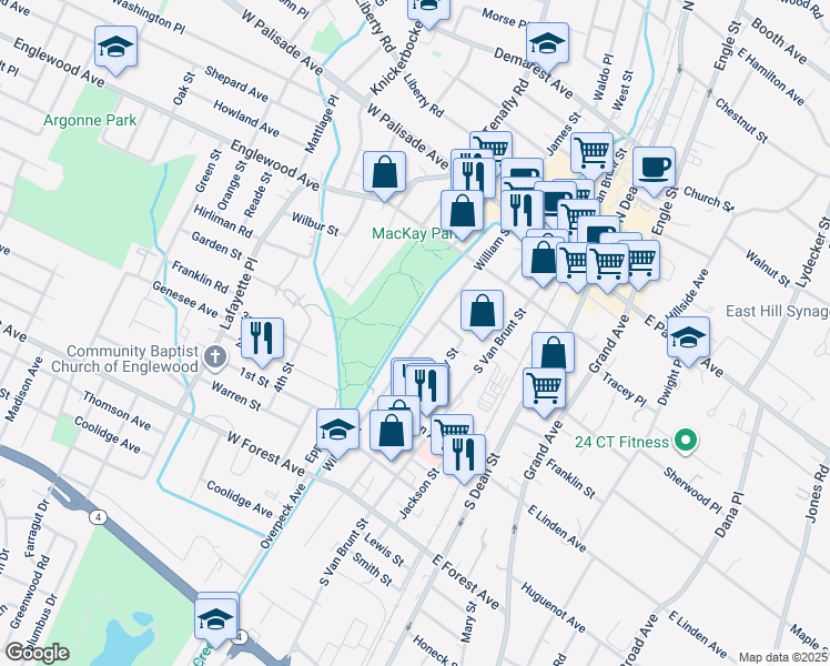 map of restaurants, bars, coffee shops, grocery stores, and more near 144 William Street in Englewood