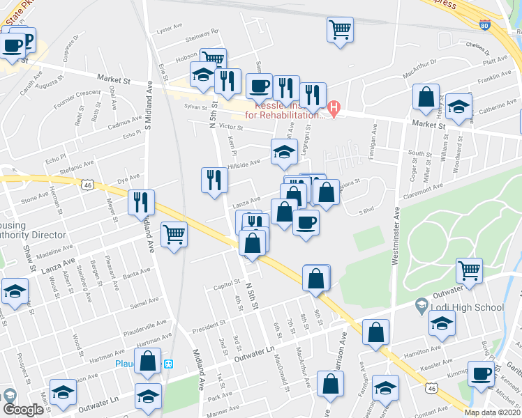 map of restaurants, bars, coffee shops, grocery stores, and more near 188 North 7th Street in Saddle Brook