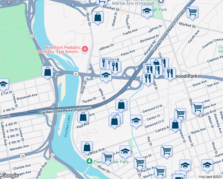 map of restaurants, bars, coffee shops, grocery stores, and more near 93 Bank Street in Elmwood Park