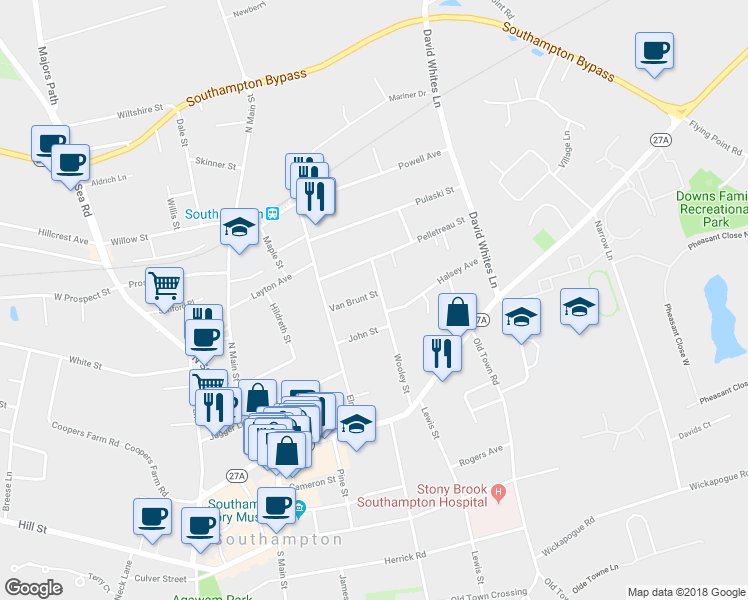 map of restaurants, bars, coffee shops, grocery stores, and more near 135 Wooley Street in Southampton