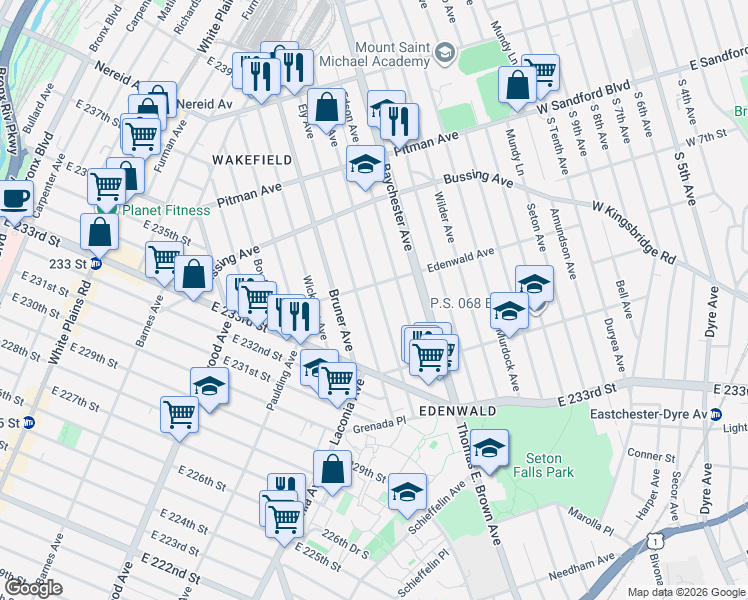 map of restaurants, bars, coffee shops, grocery stores, and more near 4051 Grace Avenue in Bronx