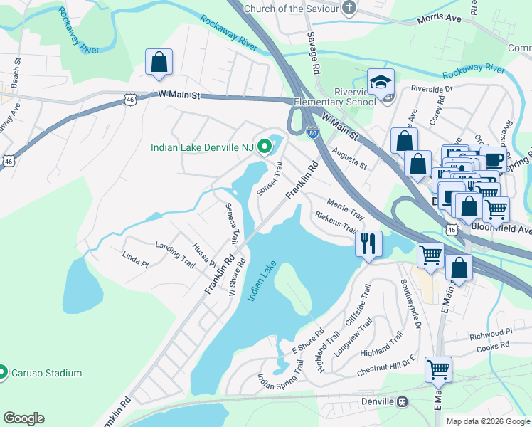 map of restaurants, bars, coffee shops, grocery stores, and more near 80 Franklin Road in Denville