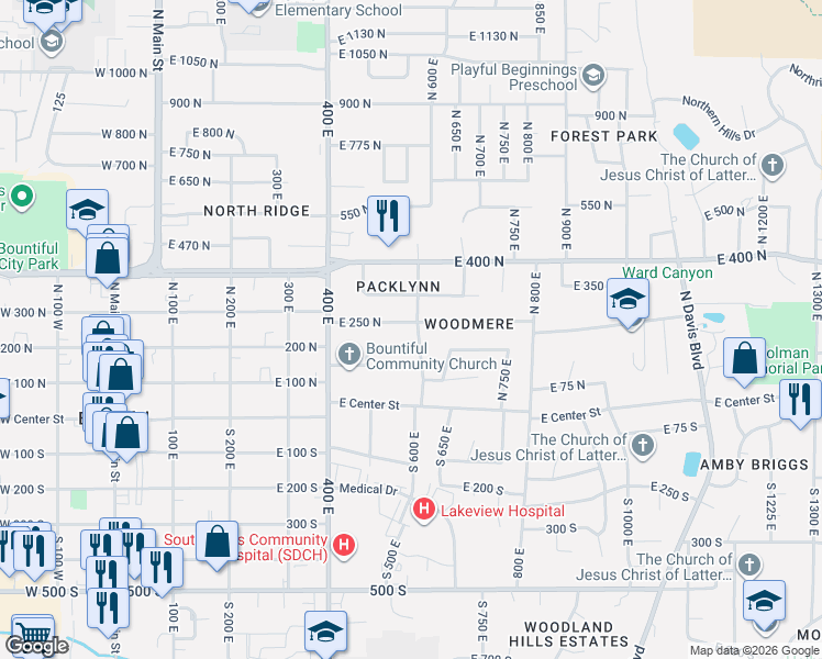 map of restaurants, bars, coffee shops, grocery stores, and more near 210 North 600 East in Bountiful