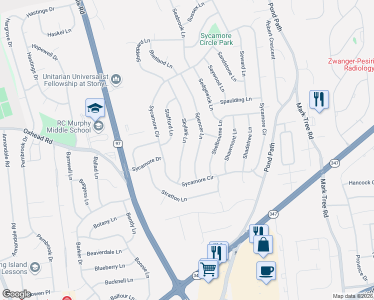 map of restaurants, bars, coffee shops, grocery stores, and more near 10 Spencer Lane in Stony Brook