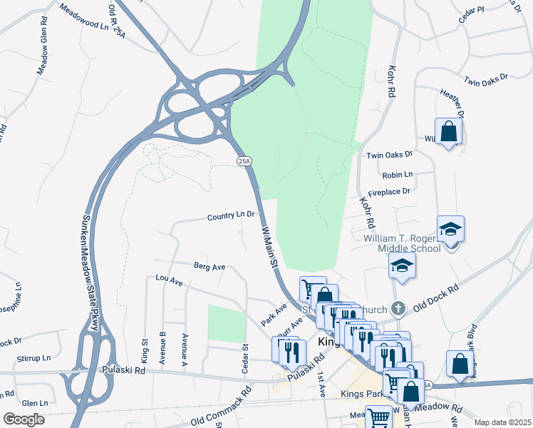 map of restaurants, bars, coffee shops, grocery stores, and more near 119 West Main Street in Kings Park