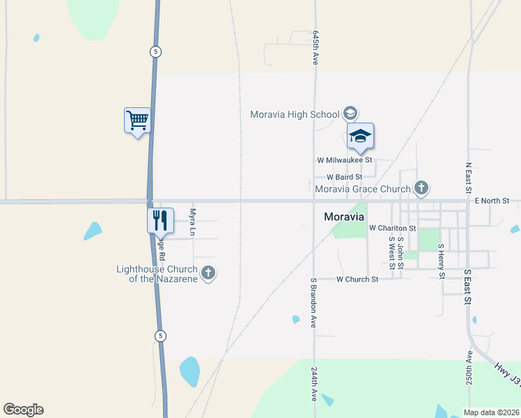 map of restaurants, bars, coffee shops, grocery stores, and more near 712 West North Street in Moravia