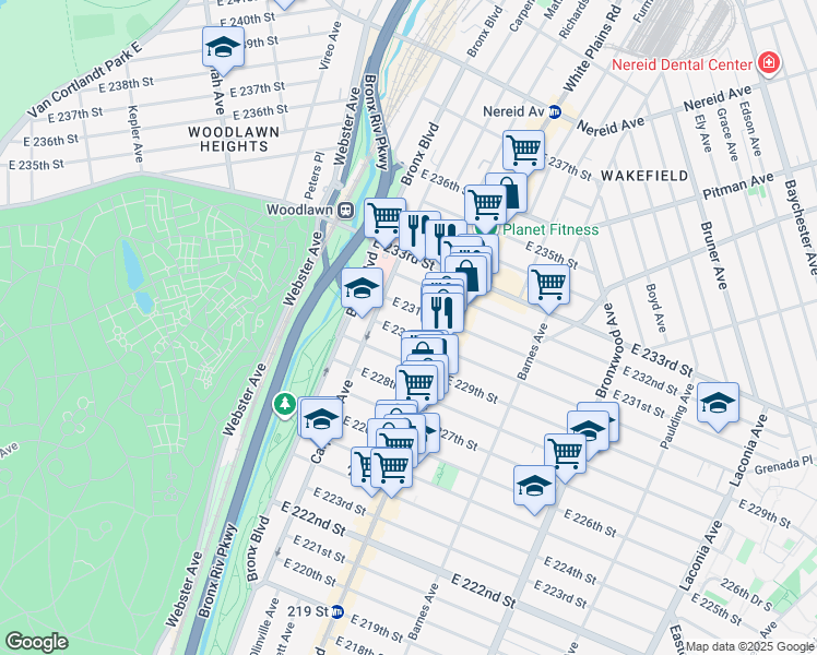 map of restaurants, bars, coffee shops, grocery stores, and more near 655 East 230th Street in The Bronx