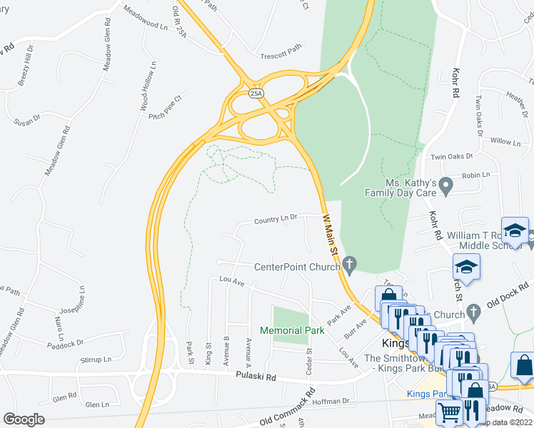 map of restaurants, bars, coffee shops, grocery stores, and more near 25 Country Lane Drive in Kings Park