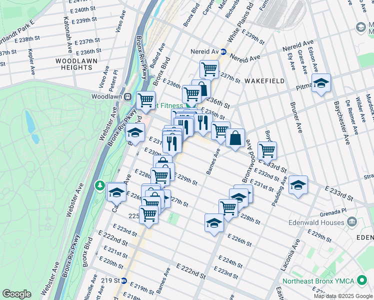 map of restaurants, bars, coffee shops, grocery stores, and more near 711 East 231st Street in Bronx