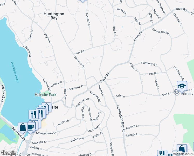 map of restaurants, bars, coffee shops, grocery stores, and more near 38 Russet Lane in Halesite