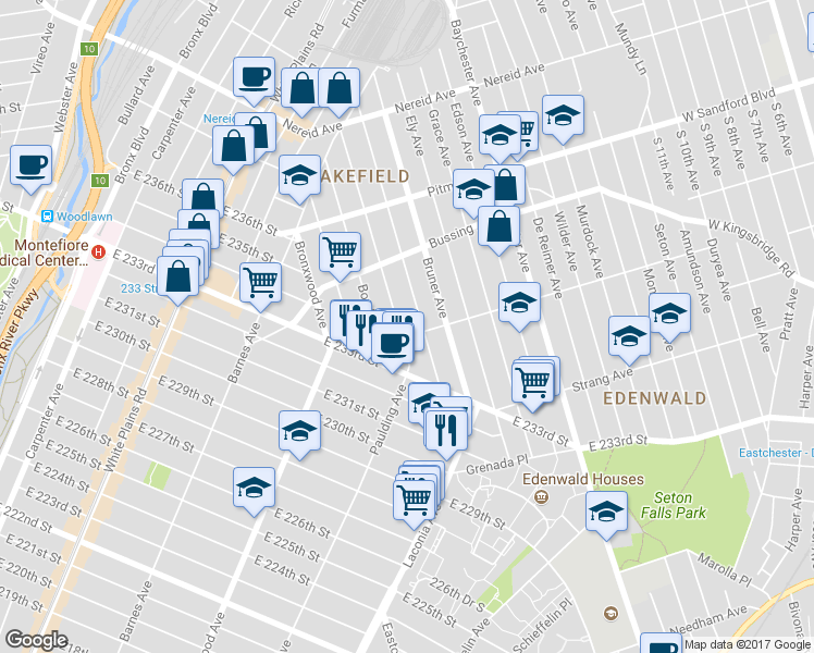 map of restaurants, bars, coffee shops, grocery stores, and more near 1779 Edenwald Avenue in Bronx