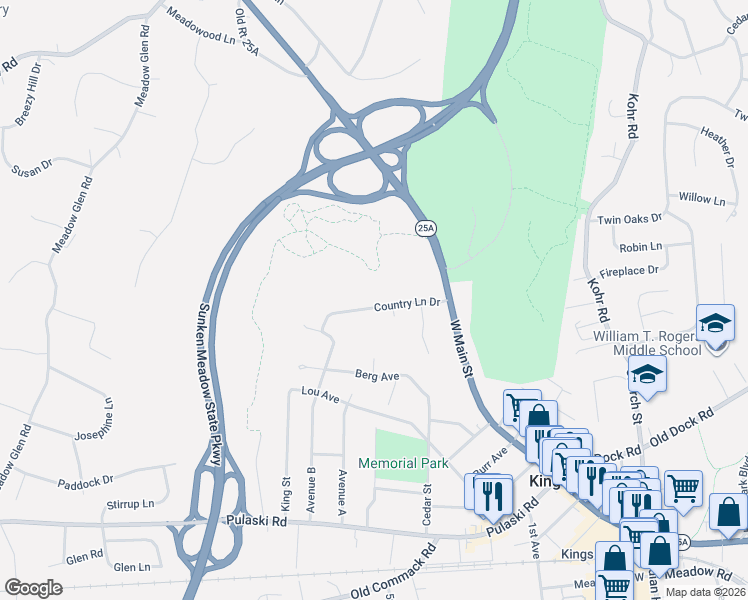 map of restaurants, bars, coffee shops, grocery stores, and more near 20 Country Lane Drive in Kings Park
