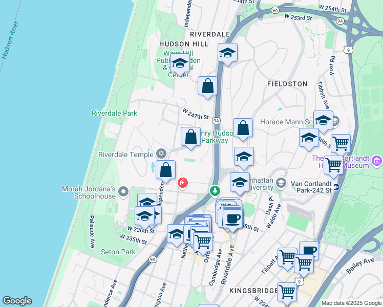 map of restaurants, bars, coffee shops, grocery stores, and more near 600 West 246th Street in The Bronx