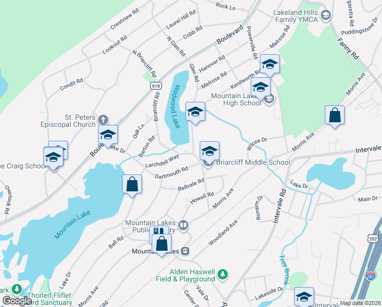 map of restaurants, bars, coffee shops, grocery stores, and more near 72 Briarcliff Road in Mountain Lakes