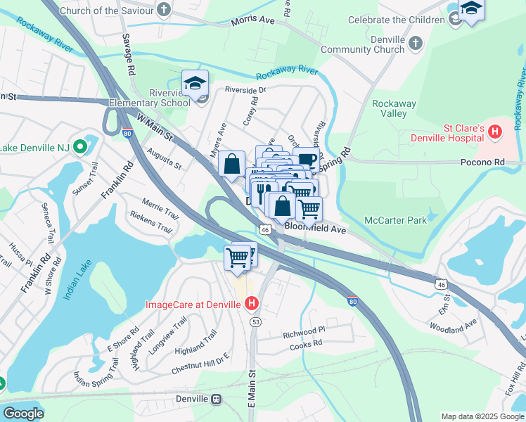 map of restaurants, bars, coffee shops, grocery stores, and more near 25 East Main Street in Denville