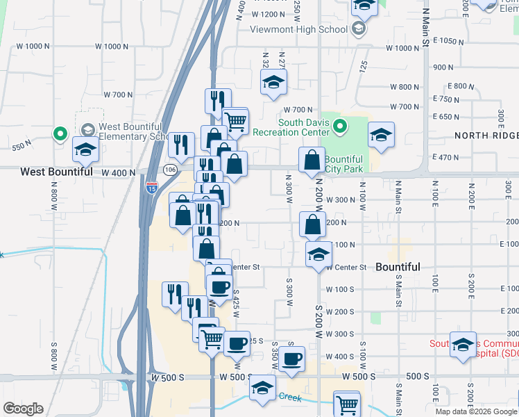 map of restaurants, bars, coffee shops, grocery stores, and more near 404 West 200 North in Bountiful