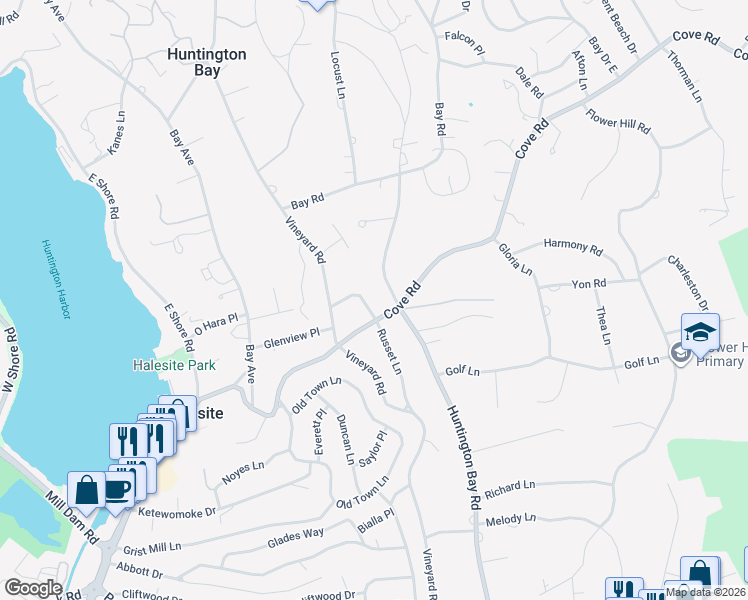 map of restaurants, bars, coffee shops, grocery stores, and more near 38 Russet Lane in Halesite