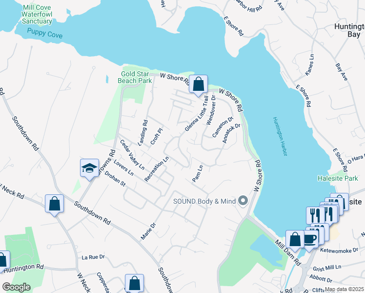 map of restaurants, bars, coffee shops, grocery stores, and more near 87 Glenna Little Trail in Huntington