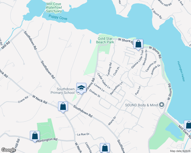 map of restaurants, bars, coffee shops, grocery stores, and more near 15 Sea Ridge Court in Huntington