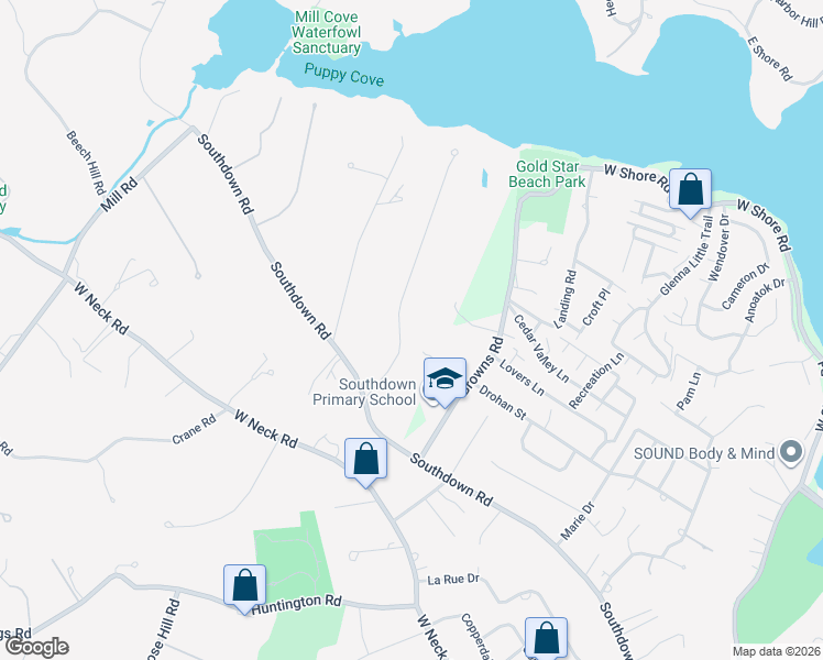 map of restaurants, bars, coffee shops, grocery stores, and more near 5 Abbington Drive in Lloyd Harbor