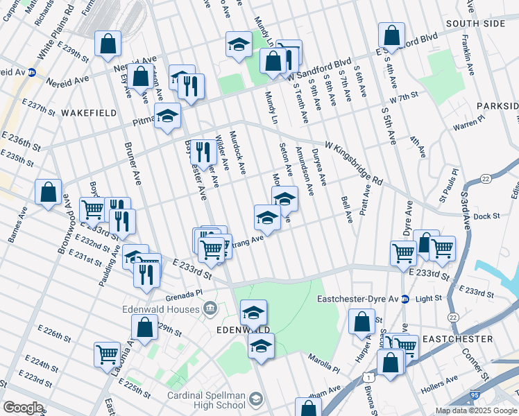 map of restaurants, bars, coffee shops, grocery stores, and more near 4025 Murdock Avenue in Bronx
