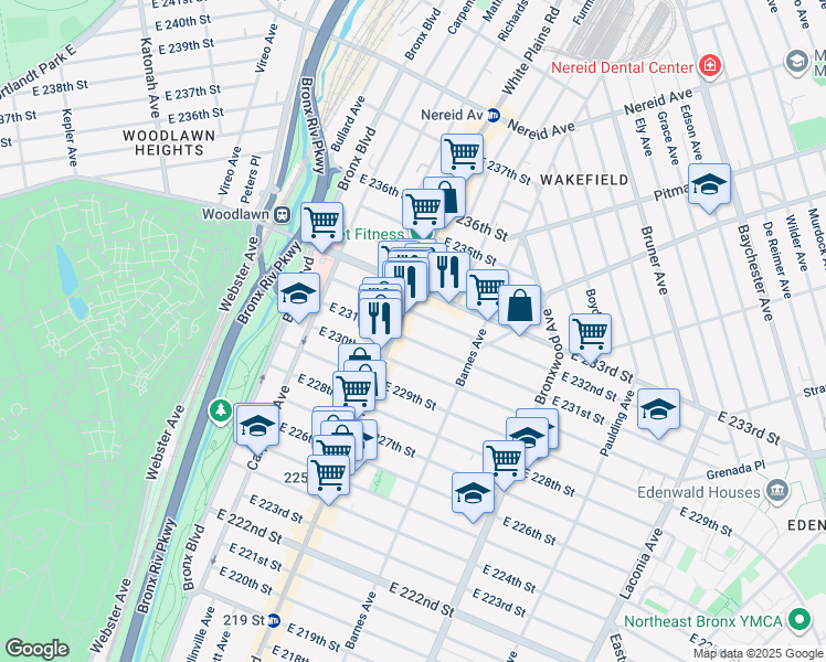 map of restaurants, bars, coffee shops, grocery stores, and more near 724 East 231st Street in Bronx