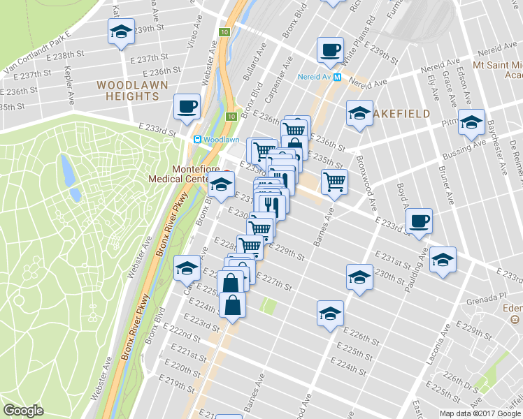 map of restaurants, bars, coffee shops, grocery stores, and more near in The Bronx