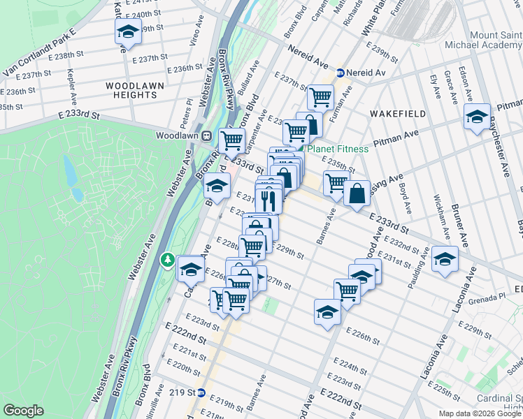 map of restaurants, bars, coffee shops, grocery stores, and more near in The Bronx