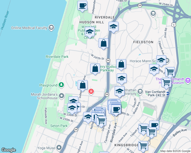 map of restaurants, bars, coffee shops, grocery stores, and more near 4598 Independence Avenue in The Bronx