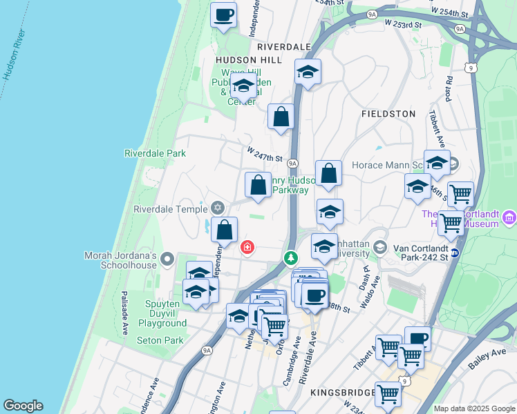 map of restaurants, bars, coffee shops, grocery stores, and more near 4598 Independence Avenue in The Bronx