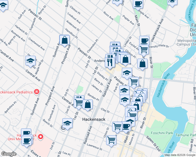 map of restaurants, bars, coffee shops, grocery stores, and more near 195 Berry Street in Hackensack