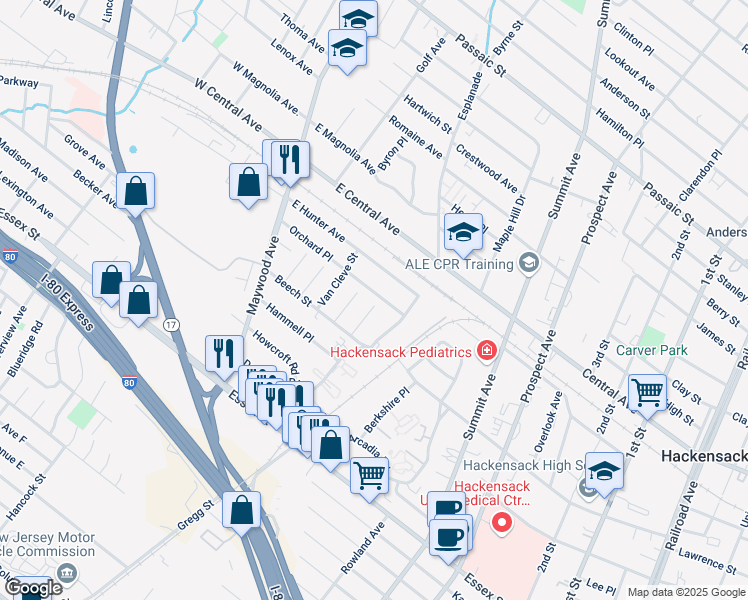 map of restaurants, bars, coffee shops, grocery stores, and more near 163 Ward Street in Maywood