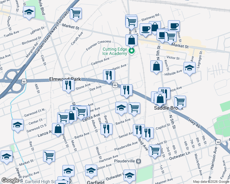 map of restaurants, bars, coffee shops, grocery stores, and more near 488 Grace Avenue in Garfield