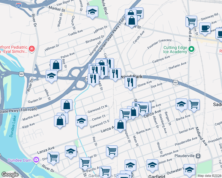 map of restaurants, bars, coffee shops, grocery stores, and more near 283 Kipp Avenue in Elmwood Park