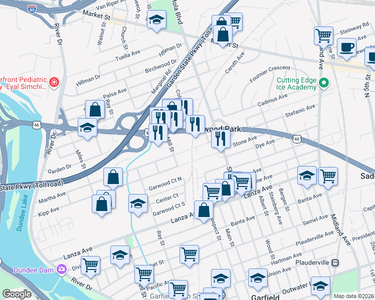 map of restaurants, bars, coffee shops, grocery stores, and more near 283 Kipp Avenue in Elmwood Park