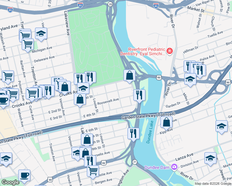 map of restaurants, bars, coffee shops, grocery stores, and more near 64 Roosevelt Avenue in Clifton
