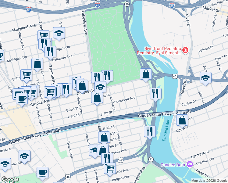 map of restaurants, bars, coffee shops, grocery stores, and more near 170 Louise Street in Clifton