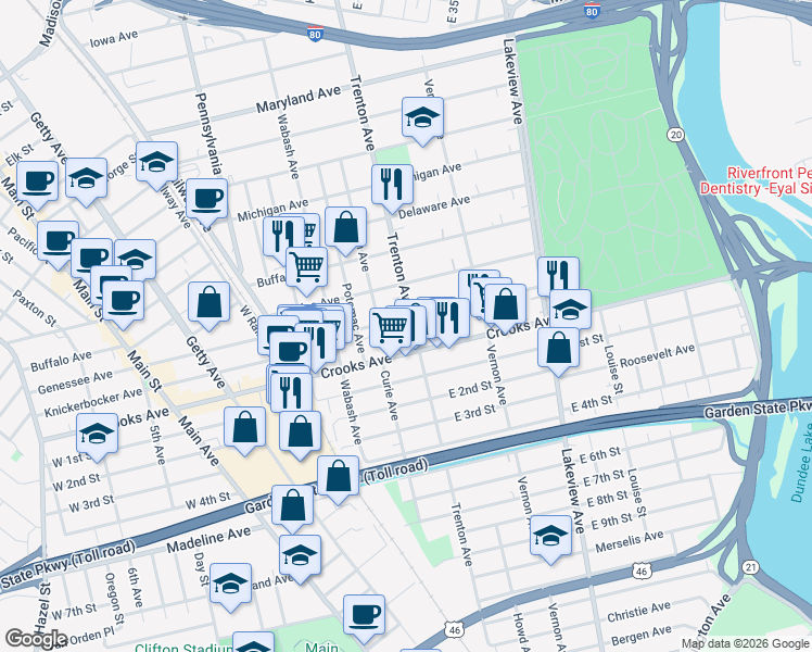 map of restaurants, bars, coffee shops, grocery stores, and more near in Paterson