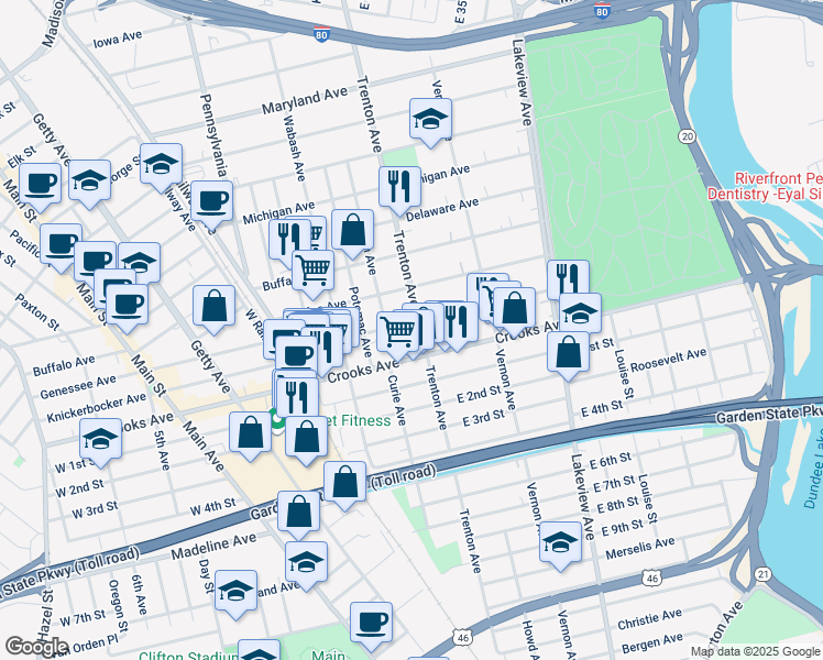 map of restaurants, bars, coffee shops, grocery stores, and more near in Paterson