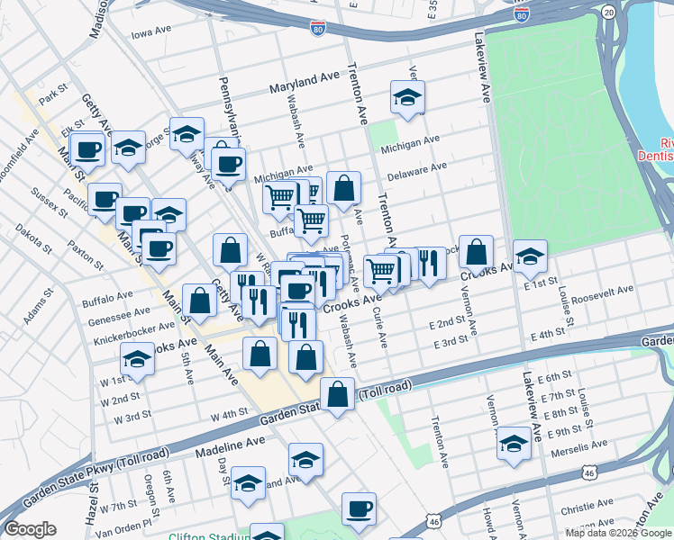 map of restaurants, bars, coffee shops, grocery stores, and more near 274 Knickerbocker Avenue in Paterson