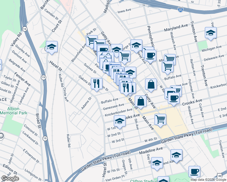 map of restaurants, bars, coffee shops, grocery stores, and more near 434 Paxton Street in Paterson