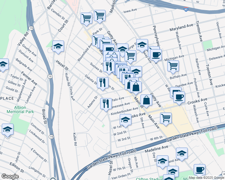 map of restaurants, bars, coffee shops, grocery stores, and more near 22 Dey Street in Paterson