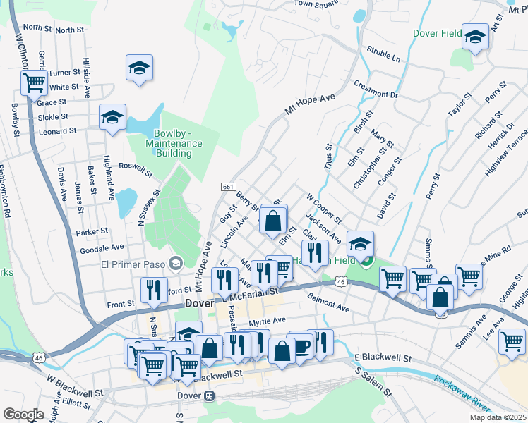 map of restaurants, bars, coffee shops, grocery stores, and more near 65 Berry Street in Dover