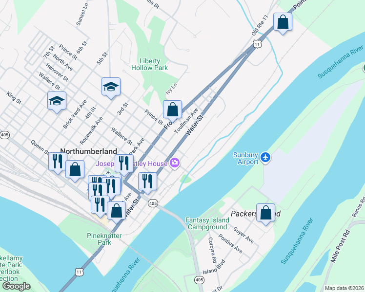 map of restaurants, bars, coffee shops, grocery stores, and more near Burkenbine Avenue in Northumberland