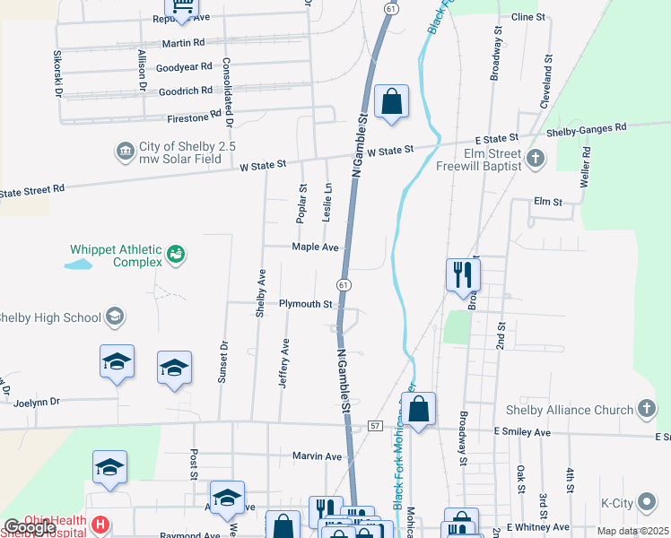 map of restaurants, bars, coffee shops, grocery stores, and more near 128 North Gamble Street in Shelby