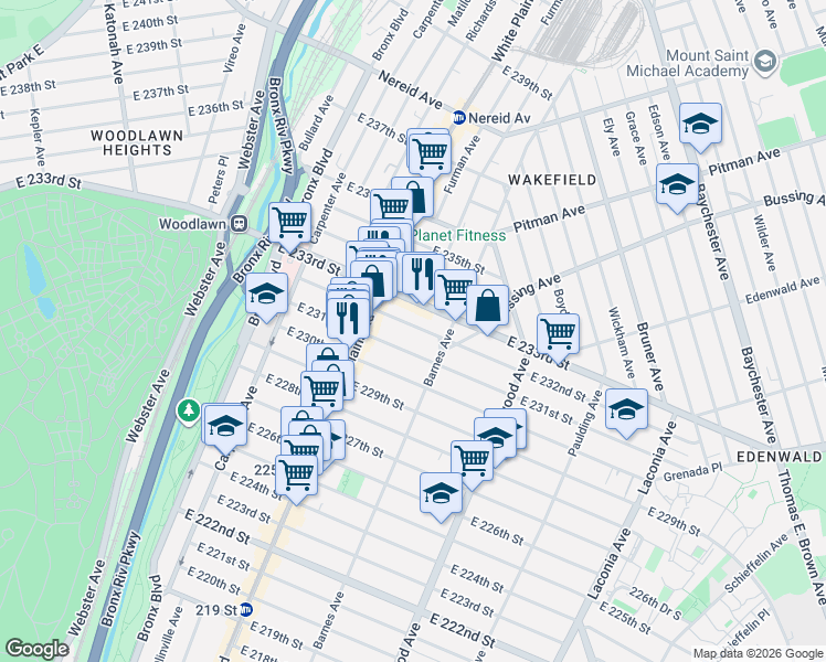 map of restaurants, bars, coffee shops, grocery stores, and more near in The Bronx