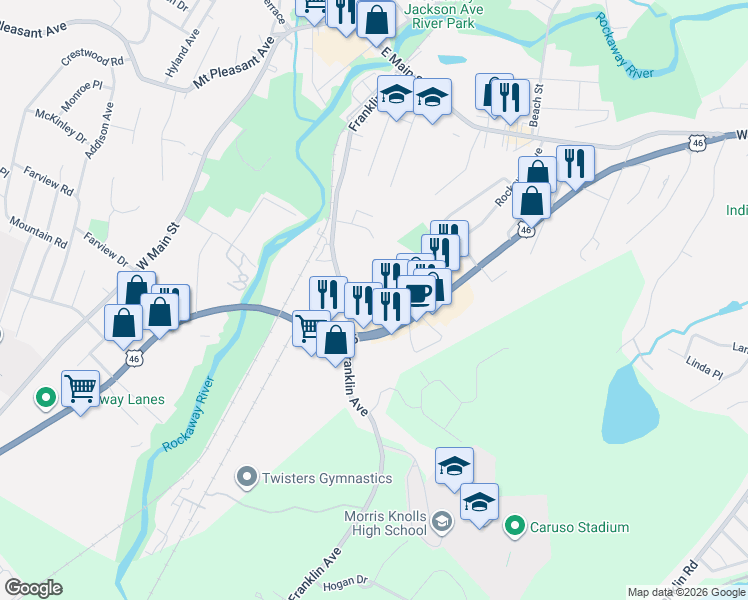 map of restaurants, bars, coffee shops, grocery stores, and more near 221 Rockaway Avenue in Rockaway