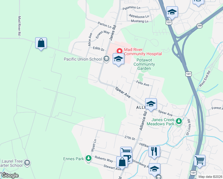 map of restaurants, bars, coffee shops, grocery stores, and more near 3655 Spear Avenue in Arcata